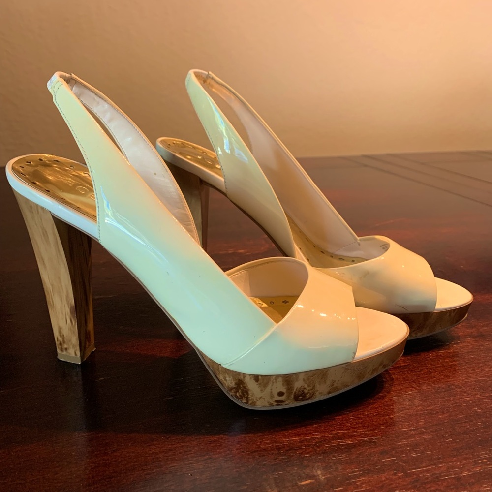 BCBG white patten leather heels